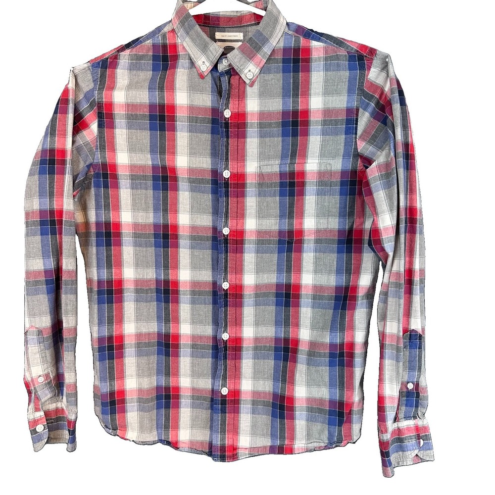 Old Navy Men's Blue Red White Plaid Cotton Button-Up  Shirt, Long Sleeve  small